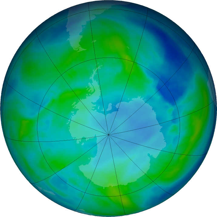 Antarctic ozone map for 29 April 2016